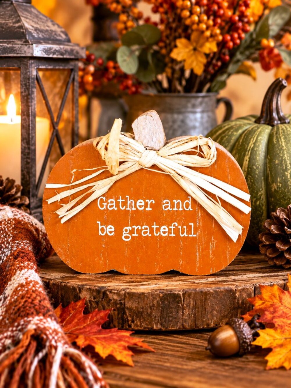 Gather & Be Grateful Rustic Wooden Pumpkin Fall Autumn Thanksgiving Home Décor